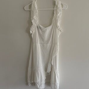 White Sleeveless Dress with Pom Pom Trim